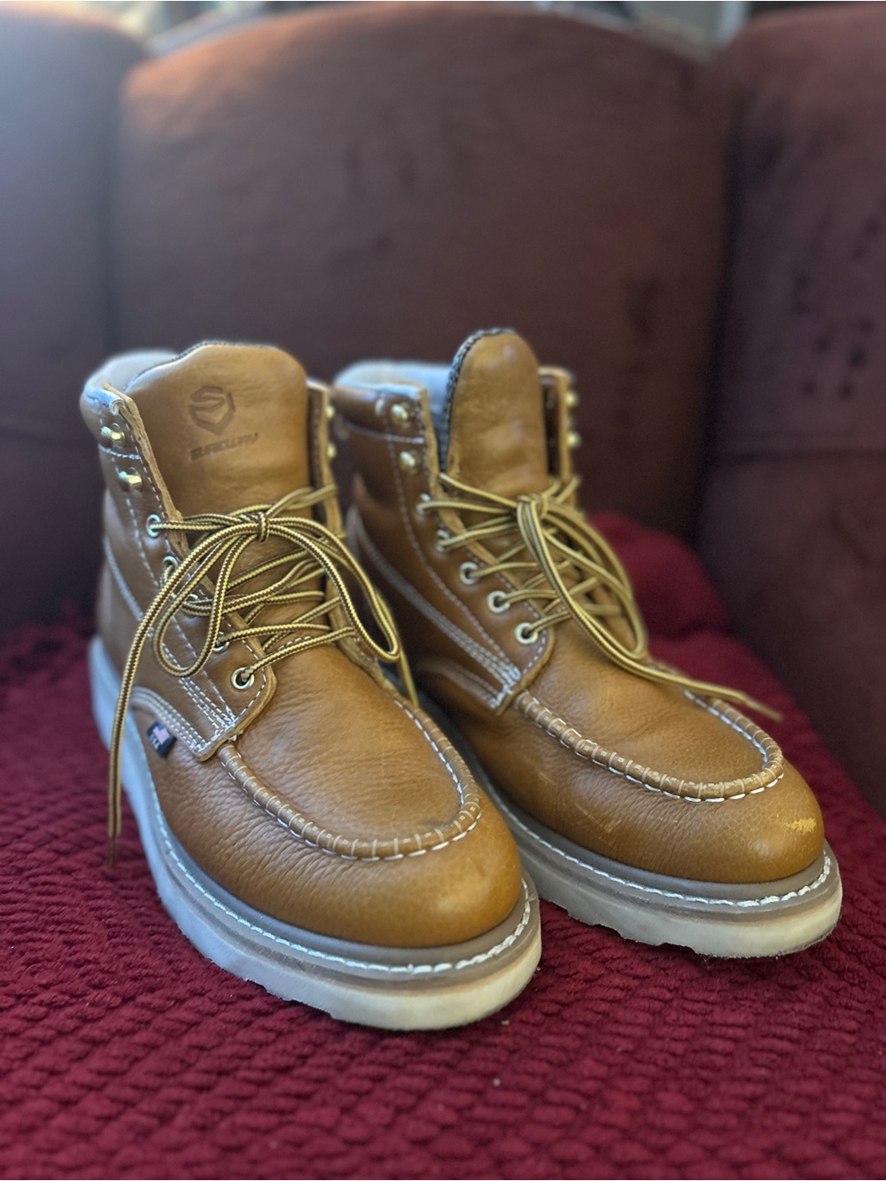 Men's Tan Leather Moc Toe Work Boots with Cushioned Collar